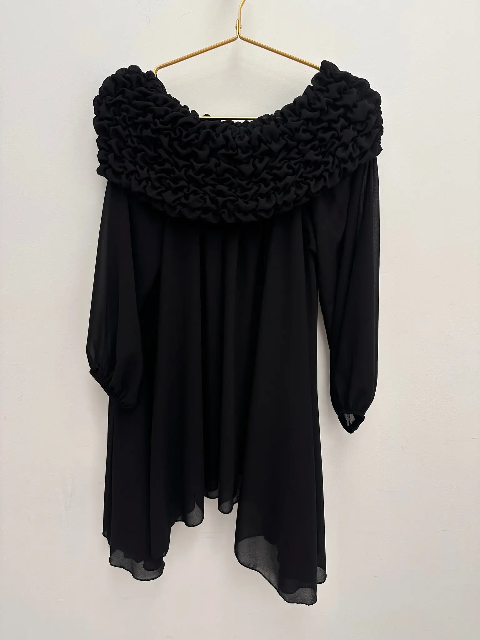 Black Bardot chiffon off-shoulder top, front view