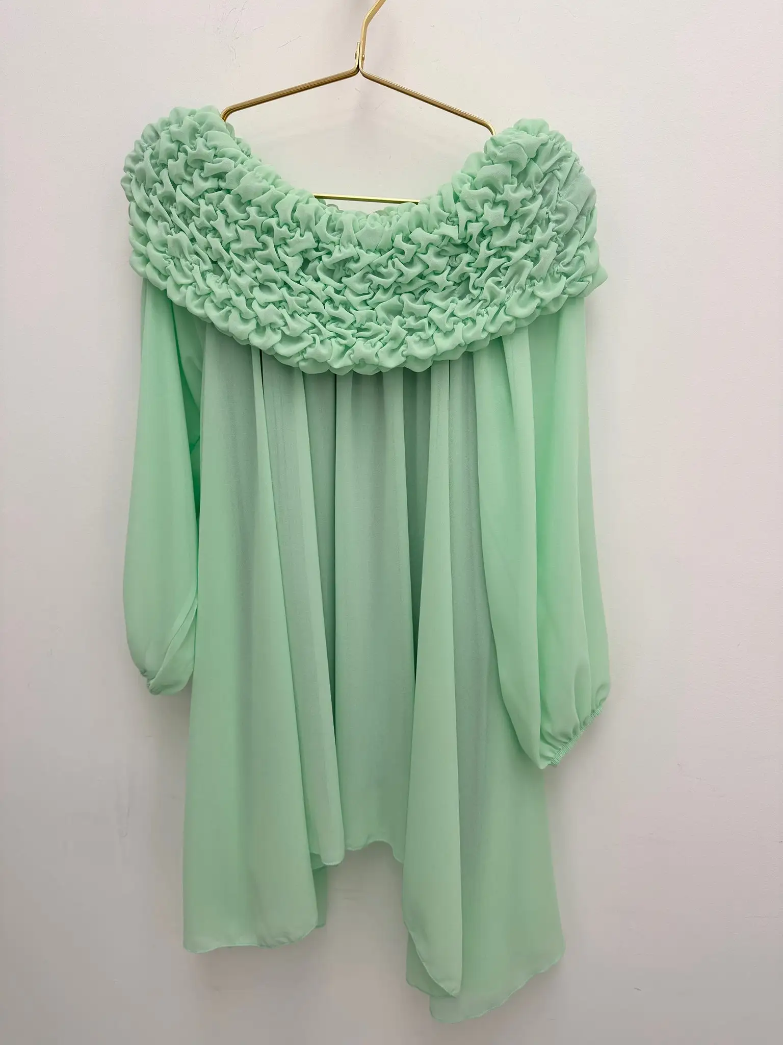 Light green Bardot chiffon off-shoulder top, front view