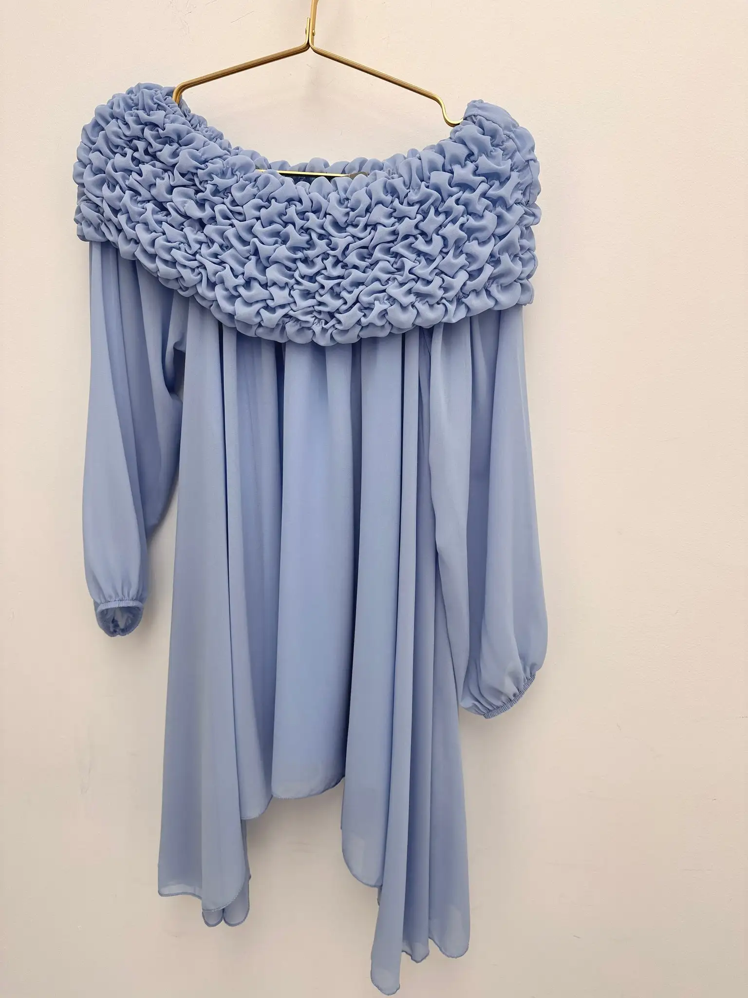 Light blue Bardot chiffon off-shoulder top, front view