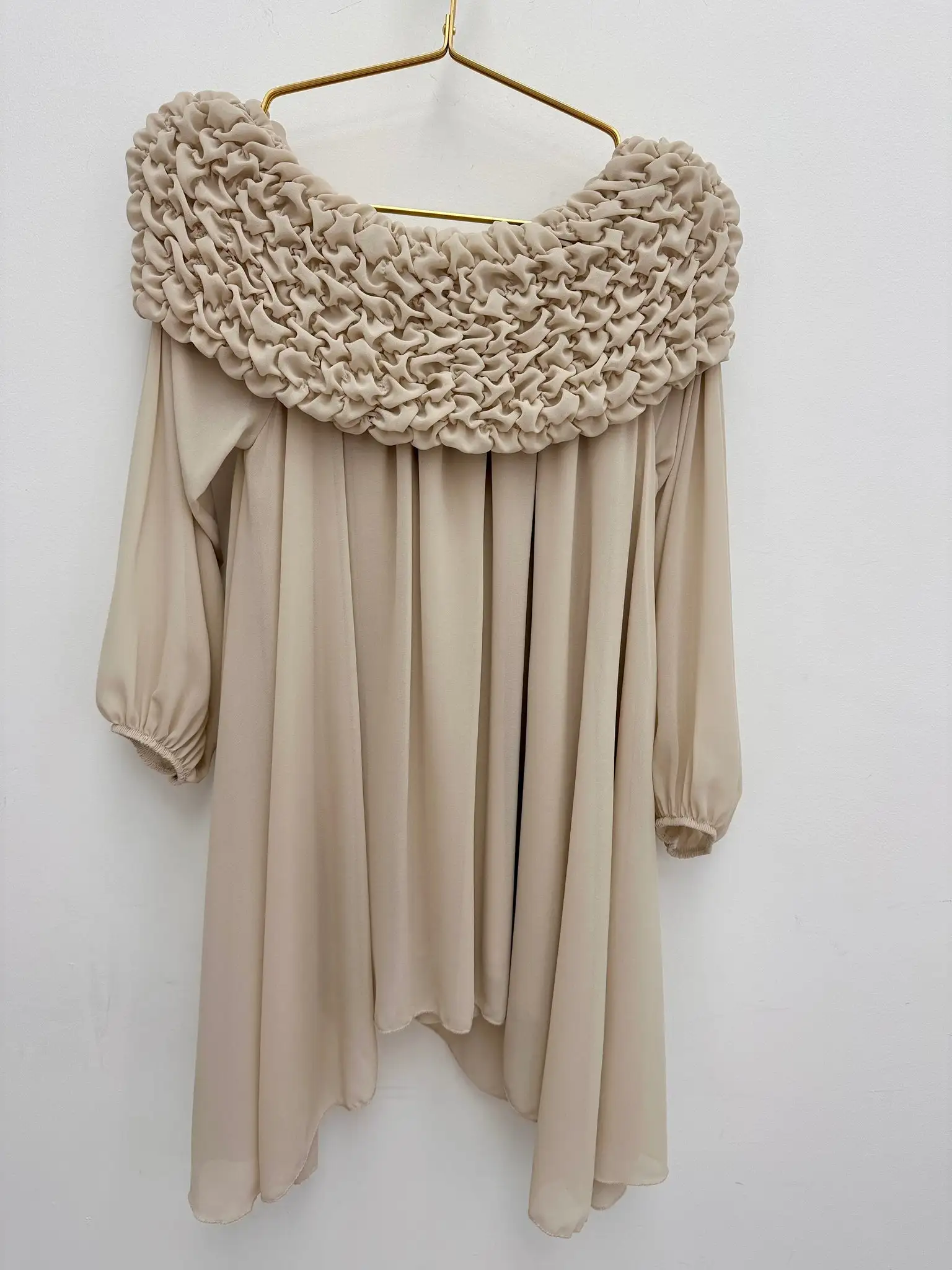 Tan Bardot chiffon off-shoulder top, front view