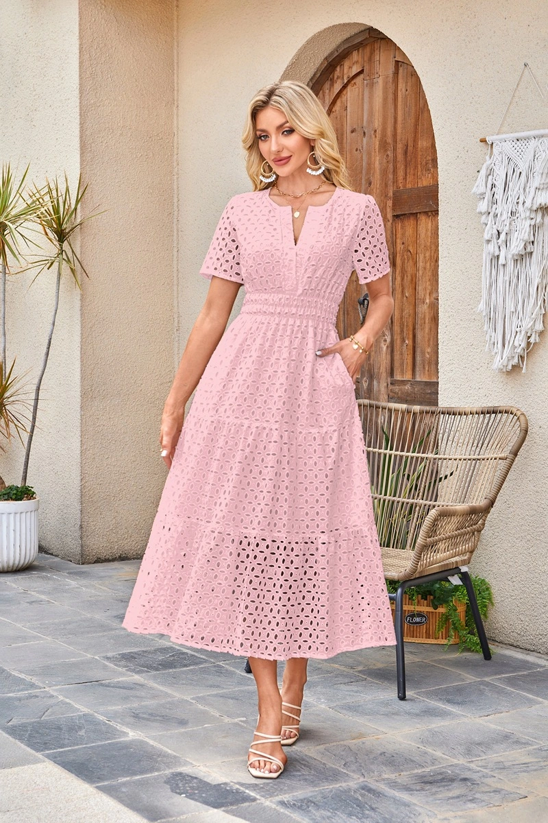 Light pink V Neck Short Sleeve Hollow Out Flowy Beach Dress, front view