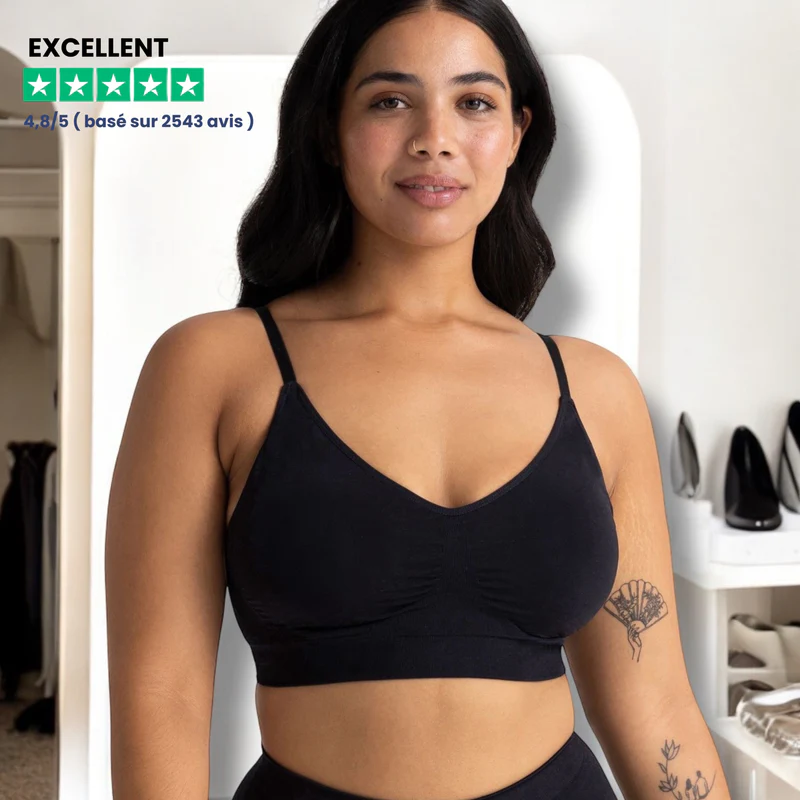 Model wearing a black bra