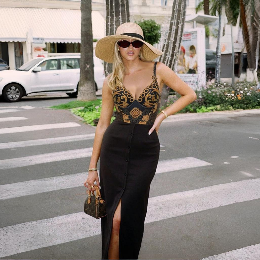 Model wearing V Neck Gold Embroidery Decor One Piece Swimsuit with black skirt - Style 1
