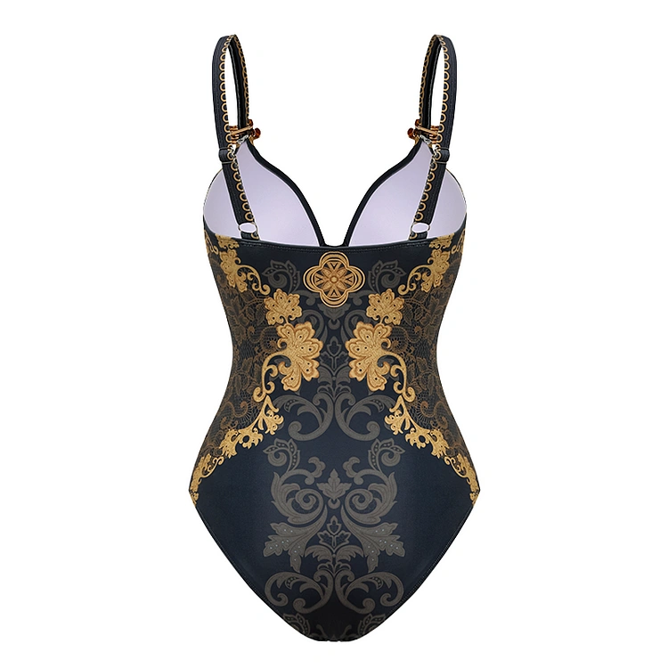 V Neck Gold Embroidery Decor One Piece Swimsuit - Style 1 Back View