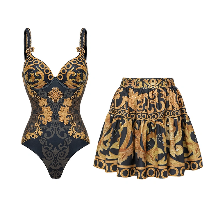 V Neck Gold Embroidery Decor One Piece Swimsuit And Skirt Set - Style 1